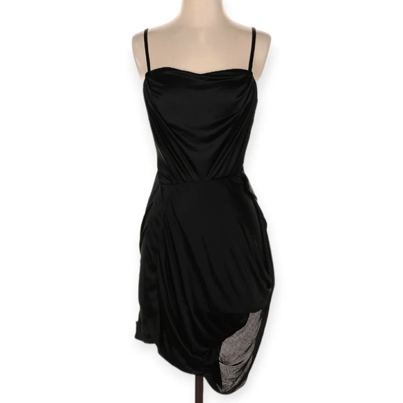 All Saints Kaya Drape Front Asymmetric Satin Black Mini Dress Spaghetti Straps 0 - Picture 1 of 16